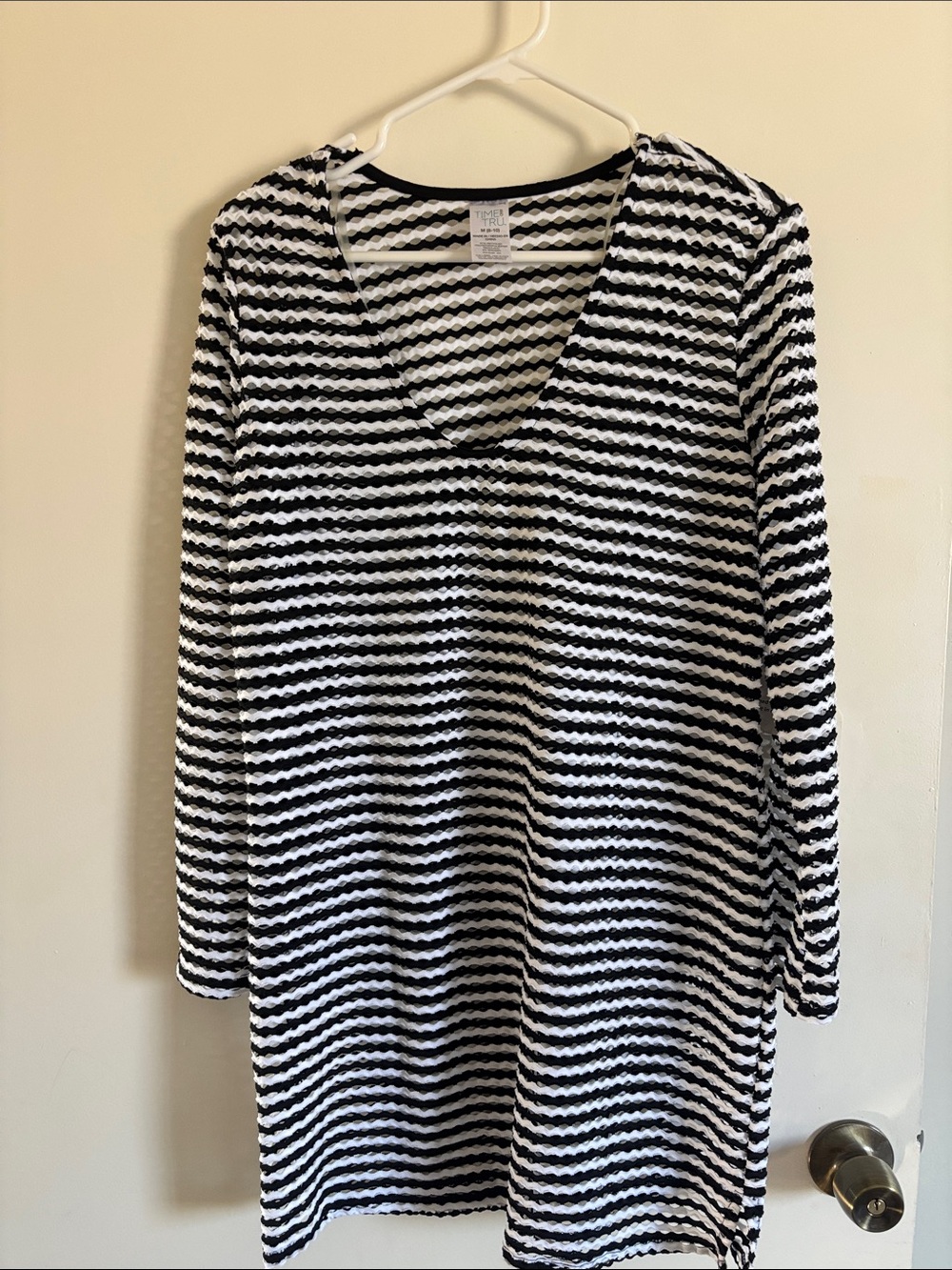 Time and Tru Black and White Striped V-Neck Tunic